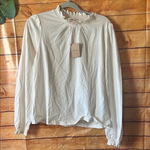 Boden white Lace Trim smocked neck long sleeve size 12 NWT - Picture 1 of 6